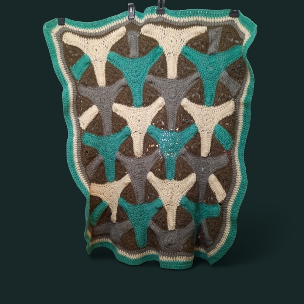 Handmade Crochet in Blue Green, Gray, and Cream 42x36 Throw